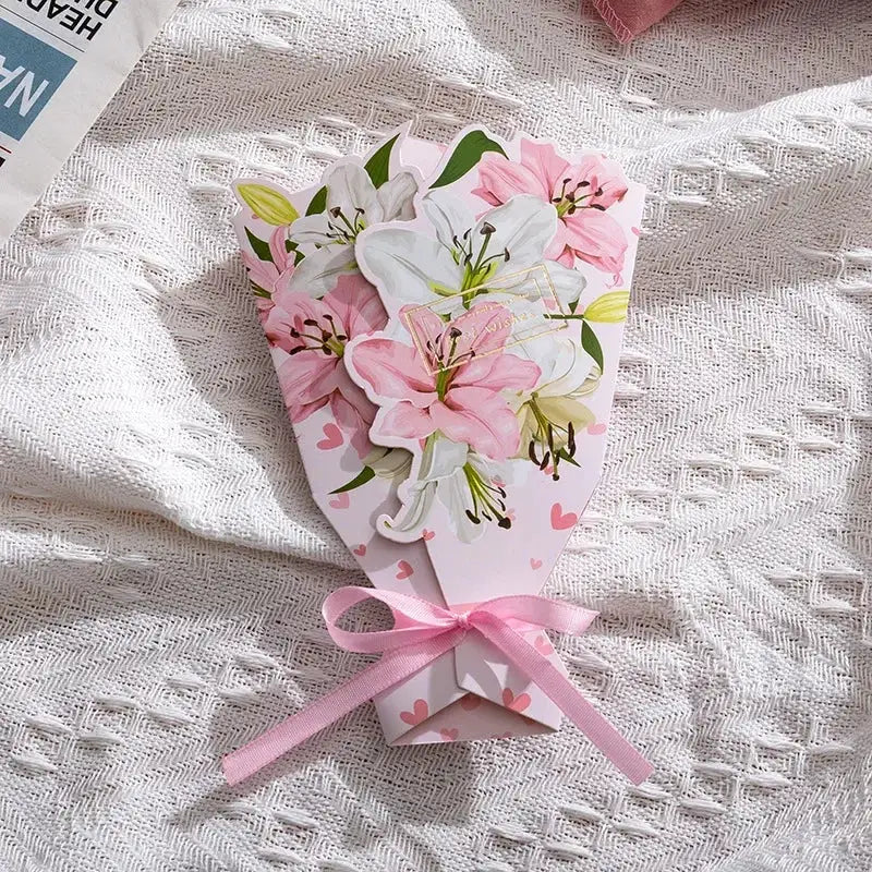 3D Carnation Floral Bouquet Greeting Card Postcard Exquisite Birthday Mothers Day Teachers Day Thanksgiving