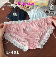 Simples Market plus-size lace panties set in pink, blue, and black with white lace trim and heart embroidery, L-4XL
