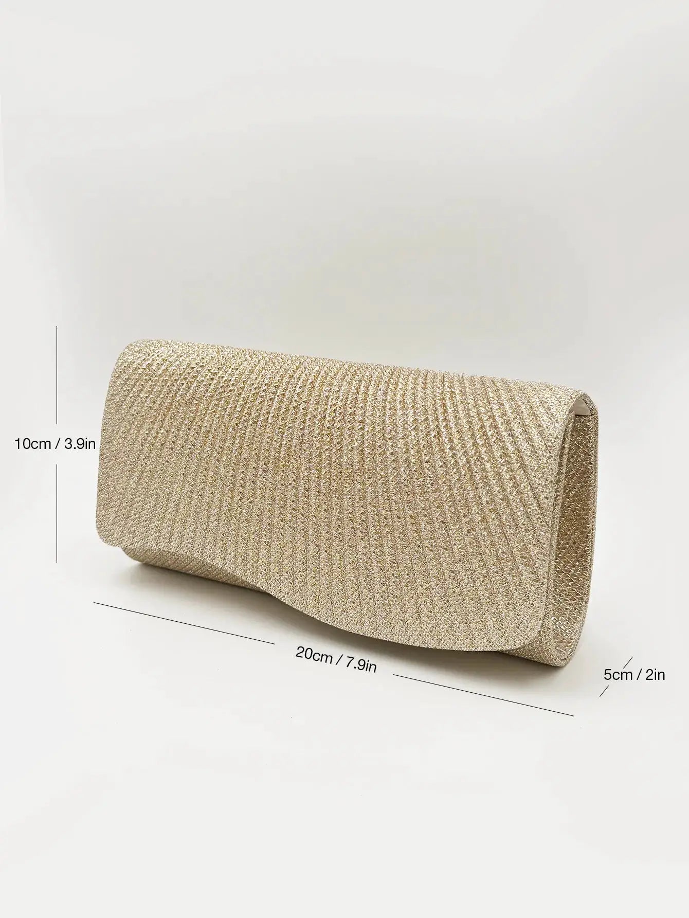 Women glitter envelope clutch, metallic gold tone with chain, evening bag