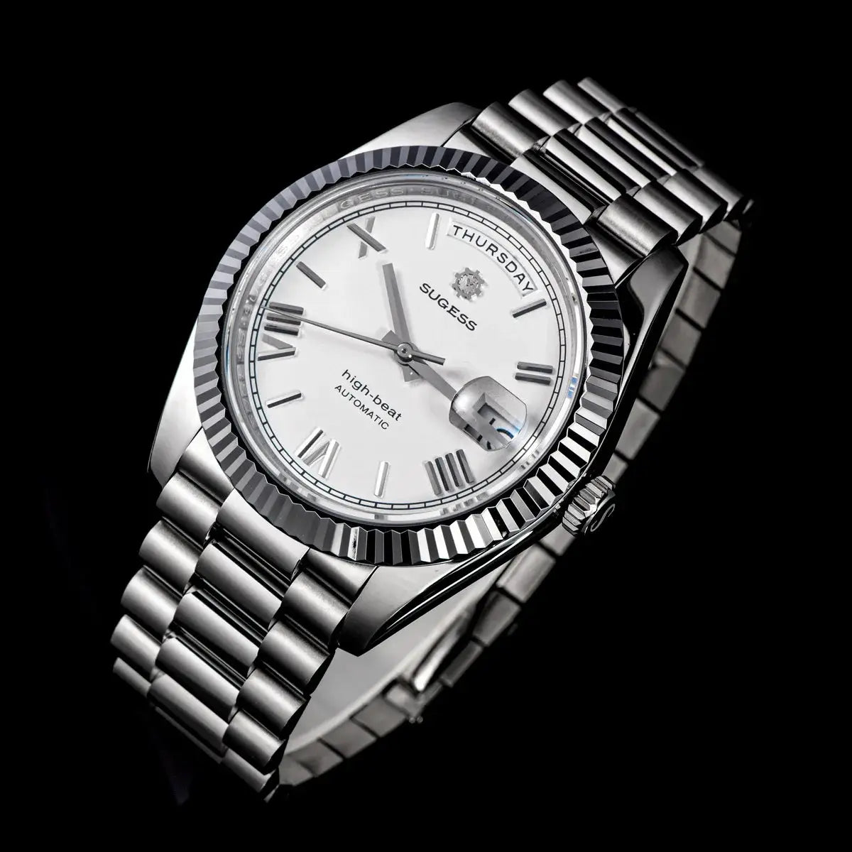 Sugess men's 40mm automatic watch with stainless steel bracelet, white dial, day-date display, sapphire glass