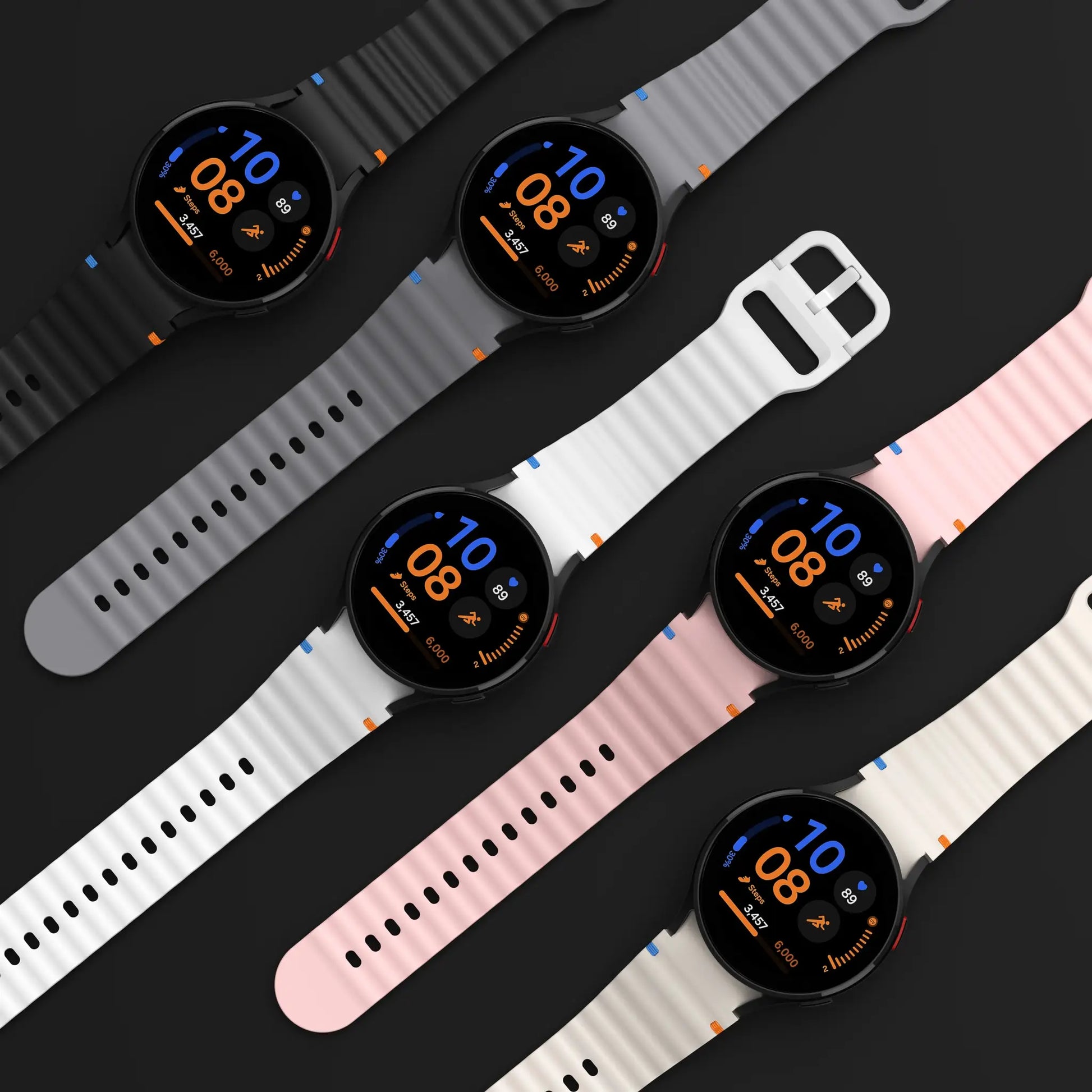 Simples Market original silicone watch bands for Samsung Galaxy Watch series; 4-color set (black, gray, white, pink).