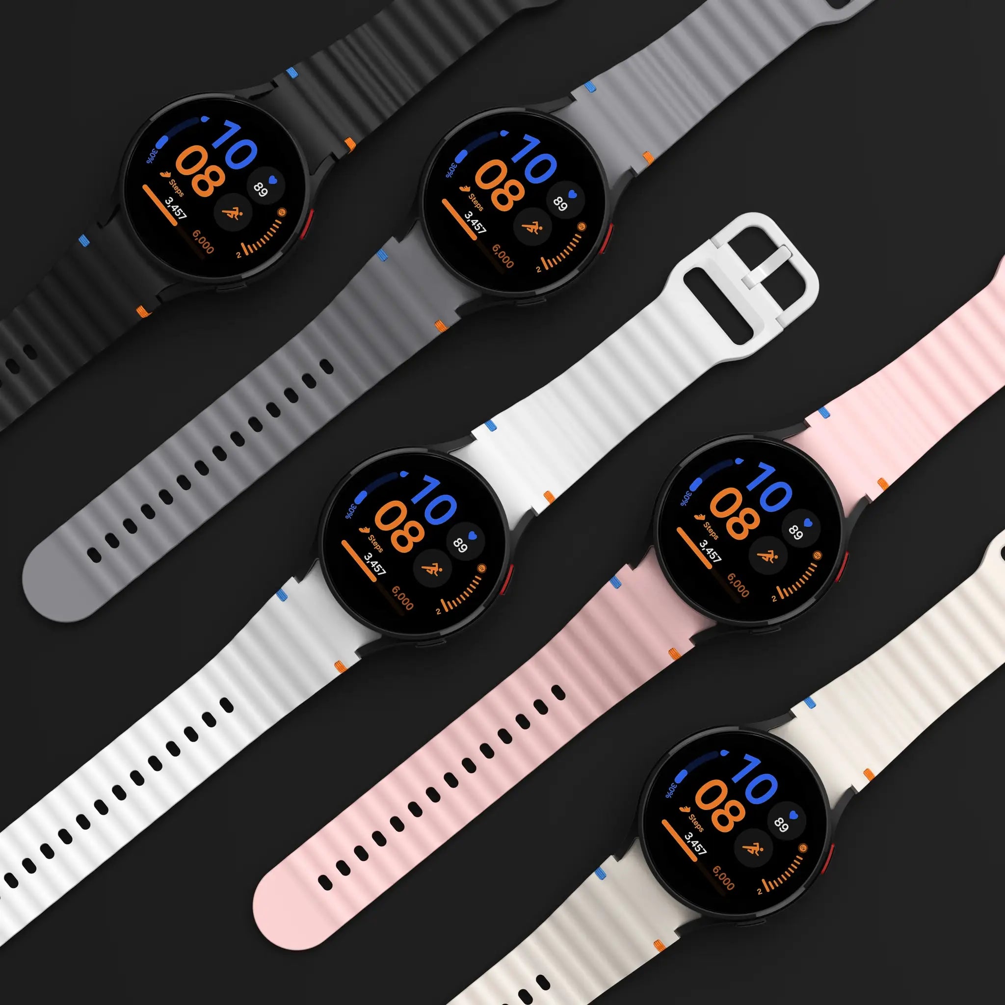 Simples Market original silicone watch bands for Samsung Galaxy Watch series; 4-color set (black, gray, white, pink).