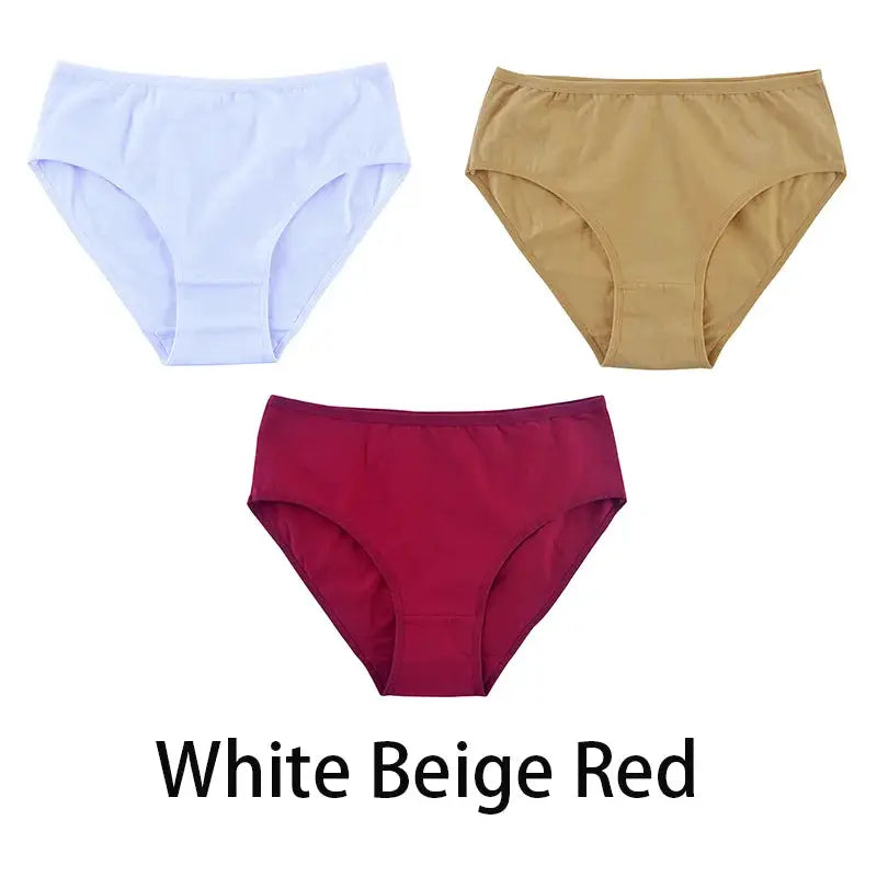 3-piece set of women's seamless cotton briefs in white, beige, and red