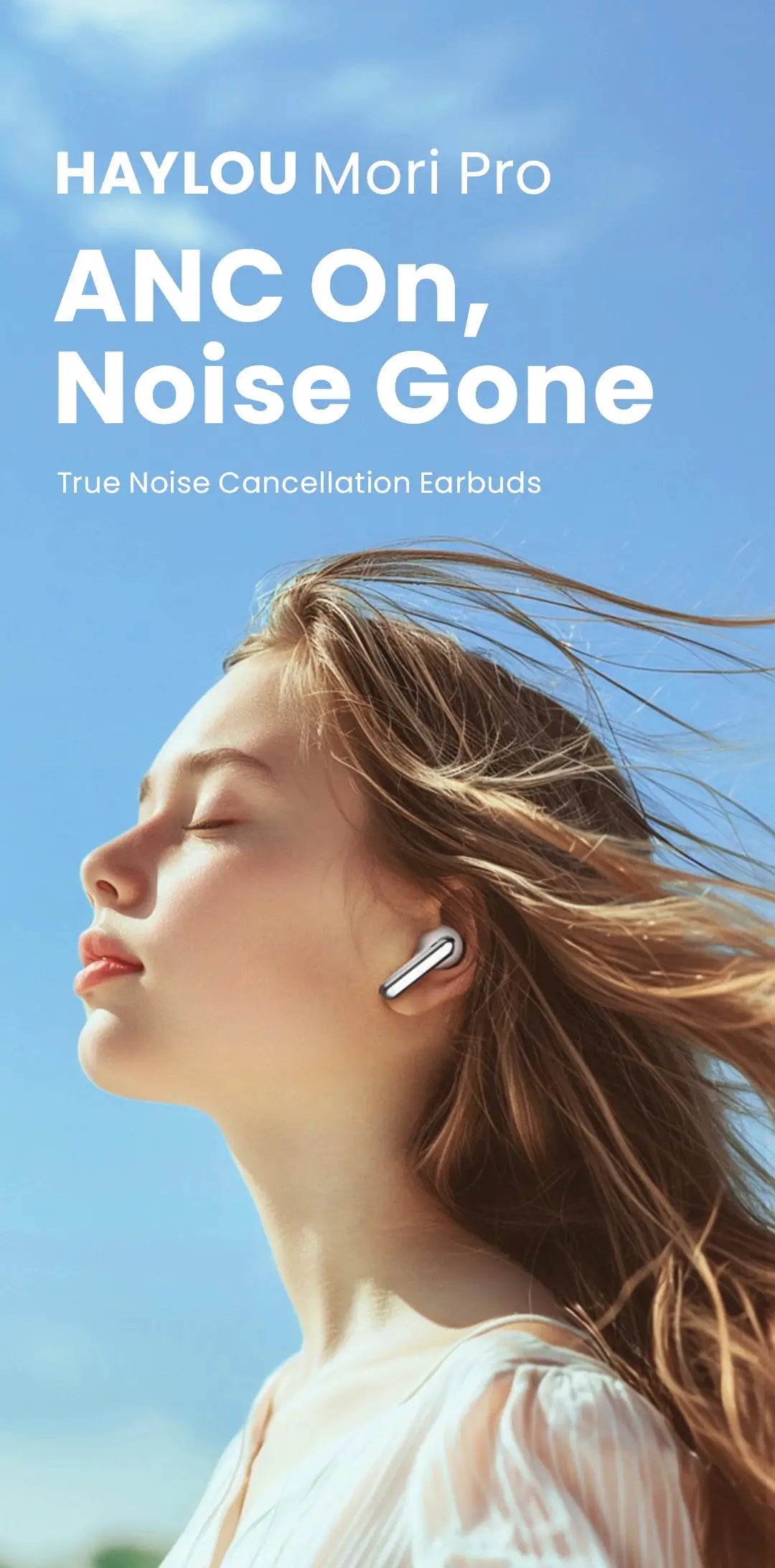 Haylou Mori Pro wireless earbuds, white, worn by a woman against a blue sky.