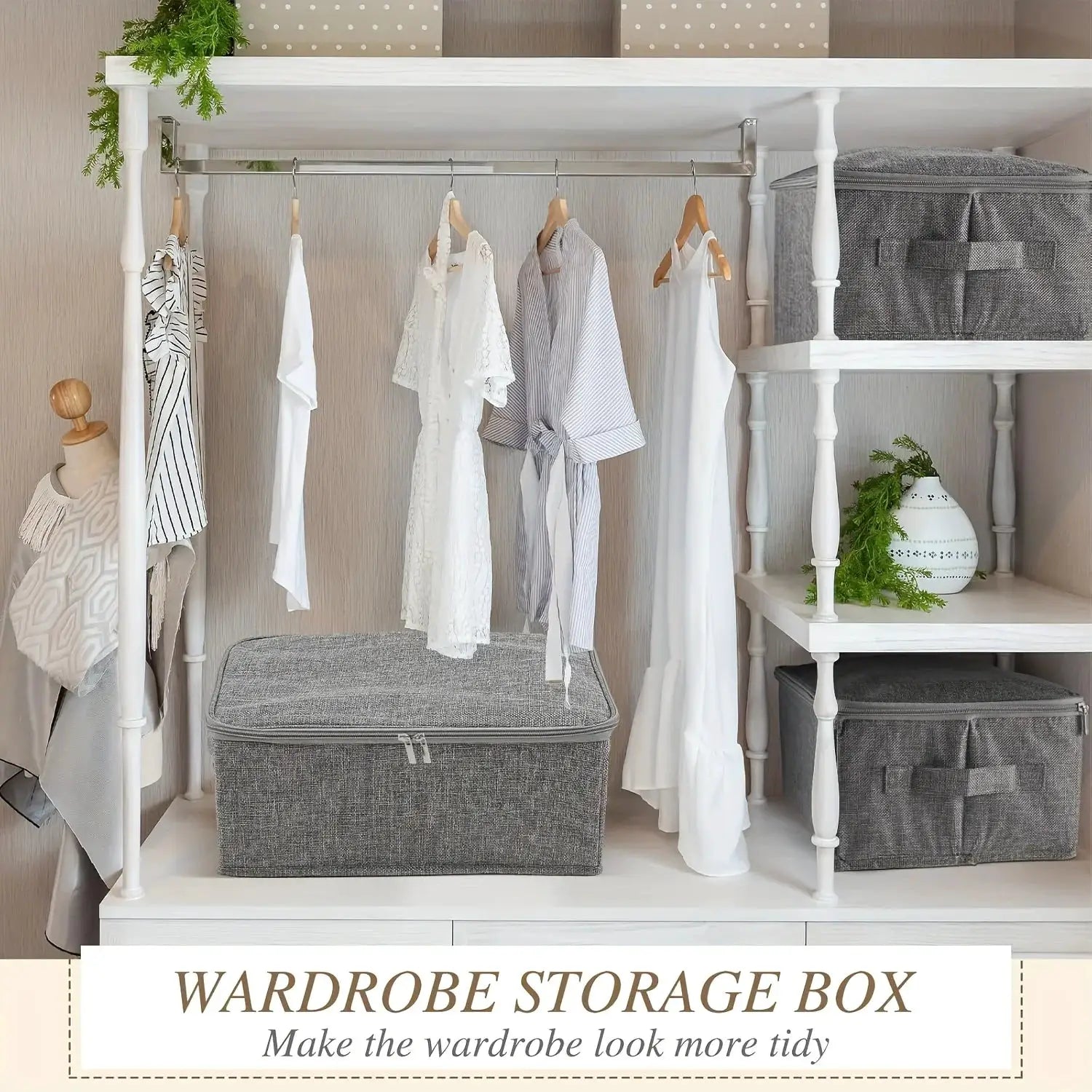 Stackable fabric storage boxes with lids and handles in grey, arranged inside a white wardrobe closet.
