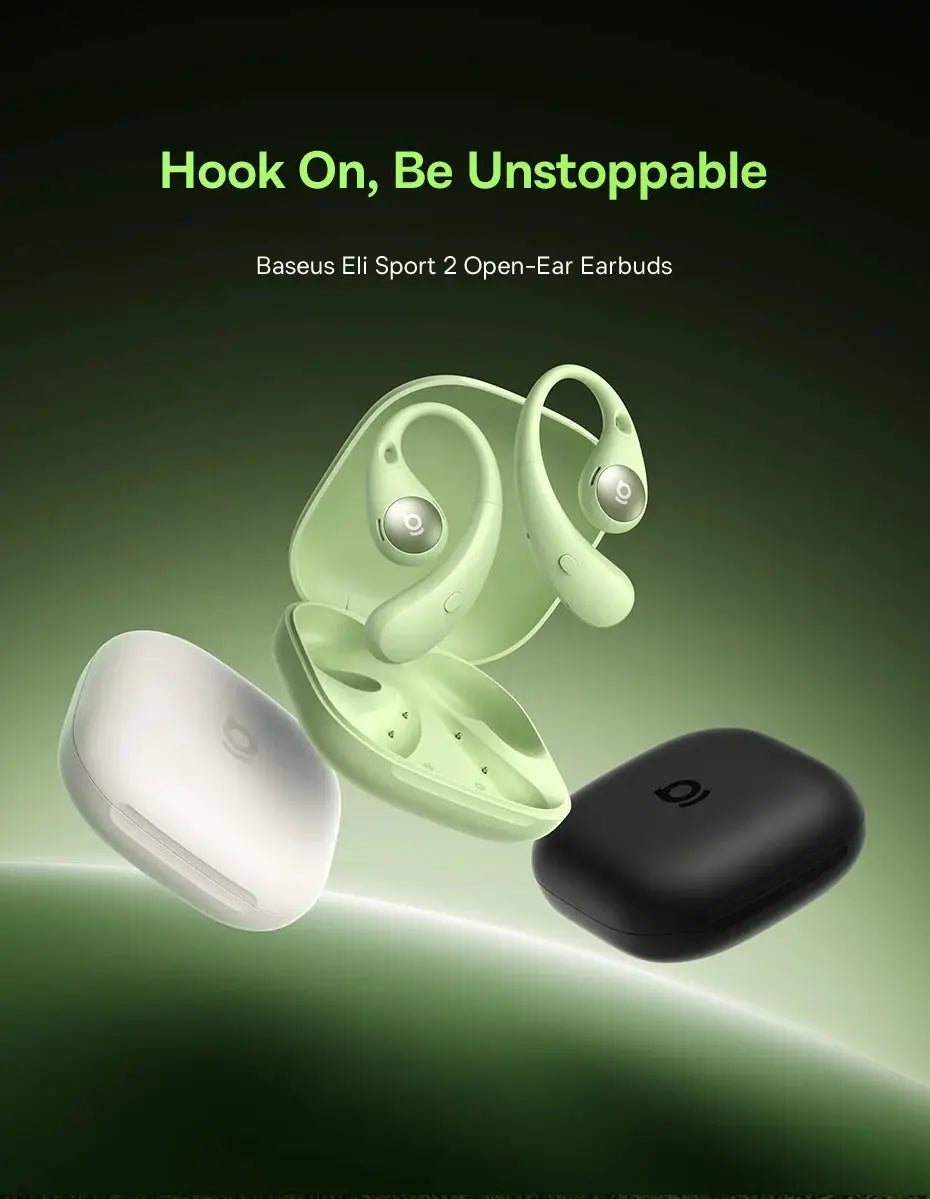 Baseus Eli Sport 2 Open-Ear Wireless Earphones with mint-green earhooks; two charging cases, white and black
