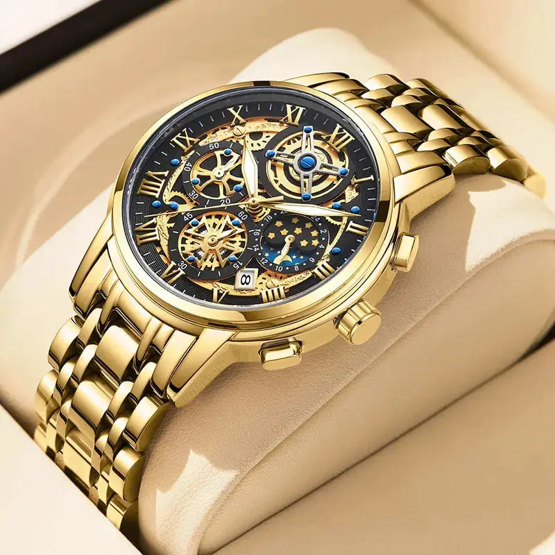 LIGE men’s gold skeleton chronograph watch with stainless steel bracelet and blue accents