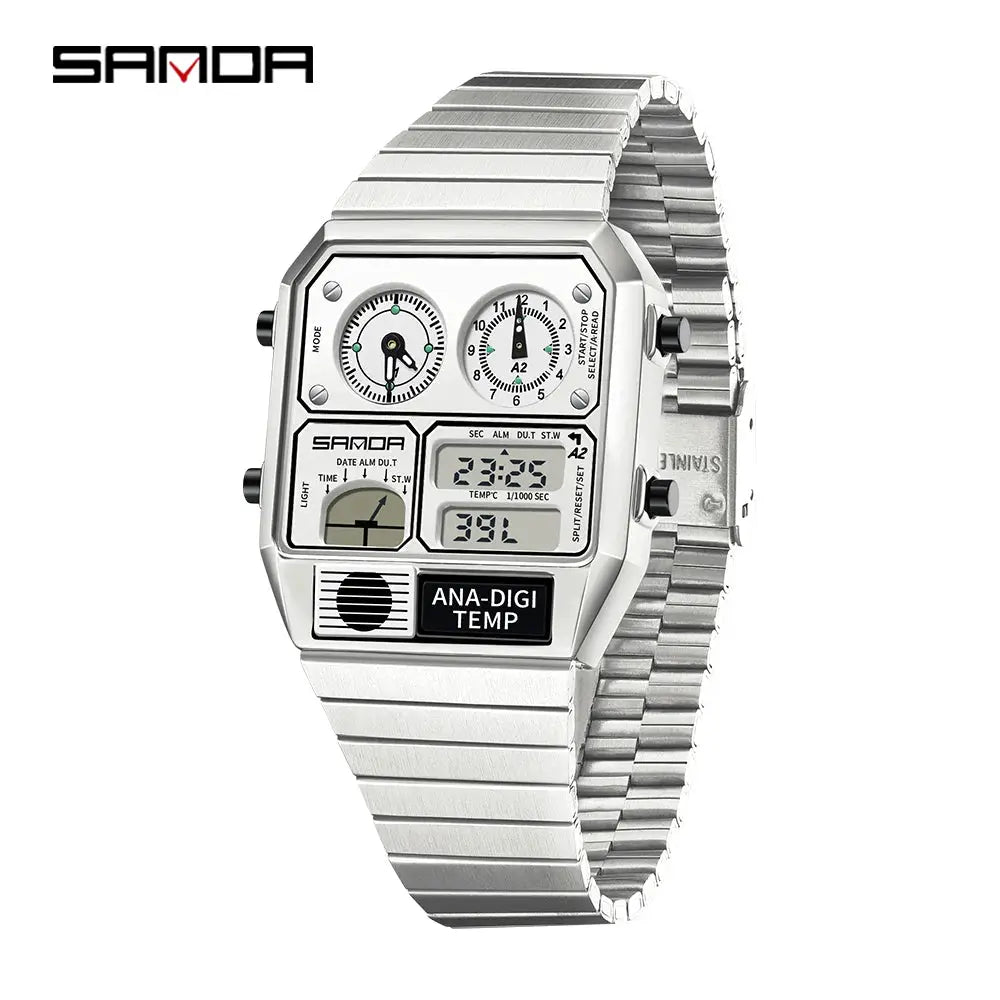 Sanda 3192 Mens Square Digital Analog Watch Waterproof Led Thermometer Stopwatch Sporty Durable Timepiece