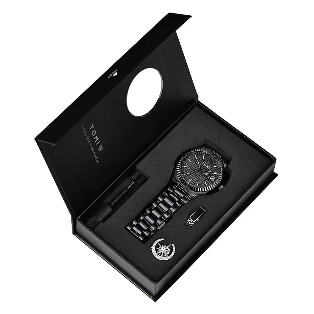 TOMI black stainless steel men's watch gift box set with ring