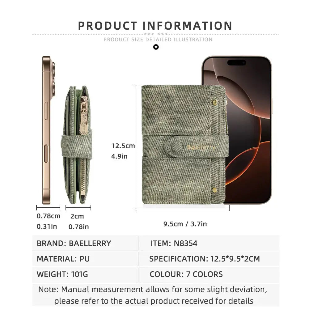 Baellerry women's short wallet with zipper coin pocket, green textured PU, detachable card clip