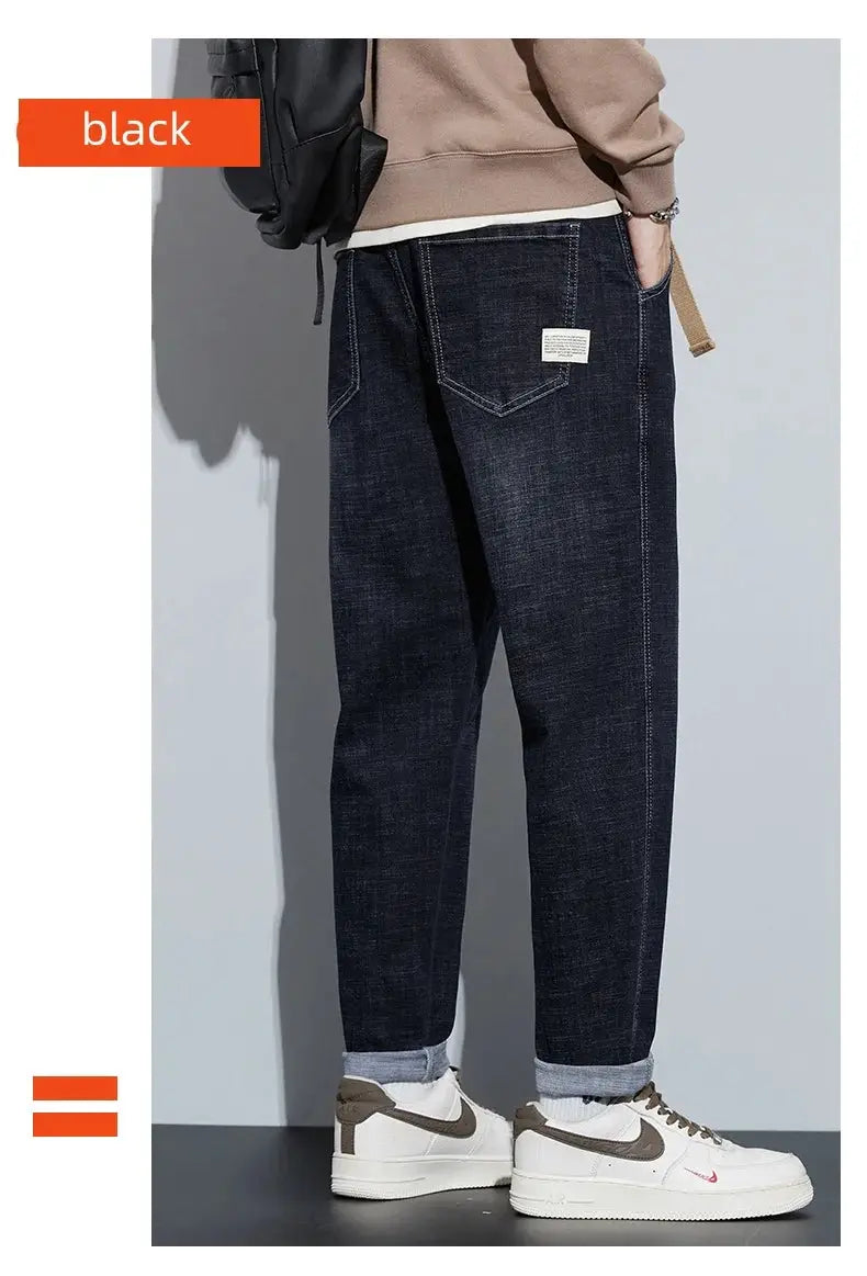 Men's dark blue fleece jeans, loose straight-leg casual pants for winter wear