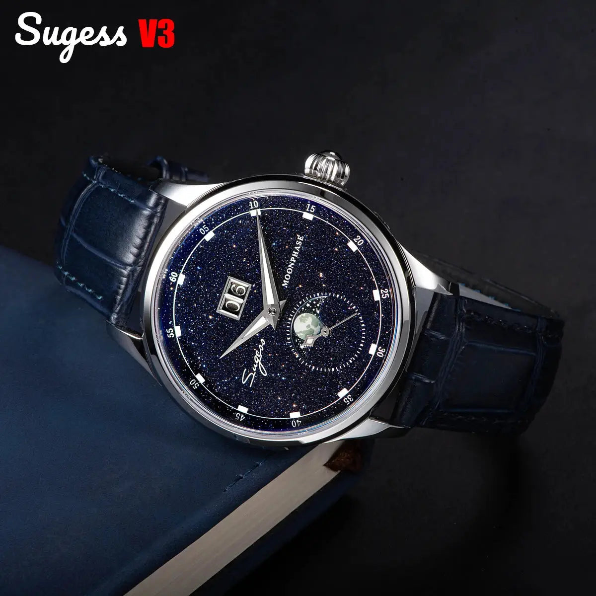 Sugess Moonphase men's watch, 40mm stainless steel case, blue sandstone dial with moon phase, blue leather strap