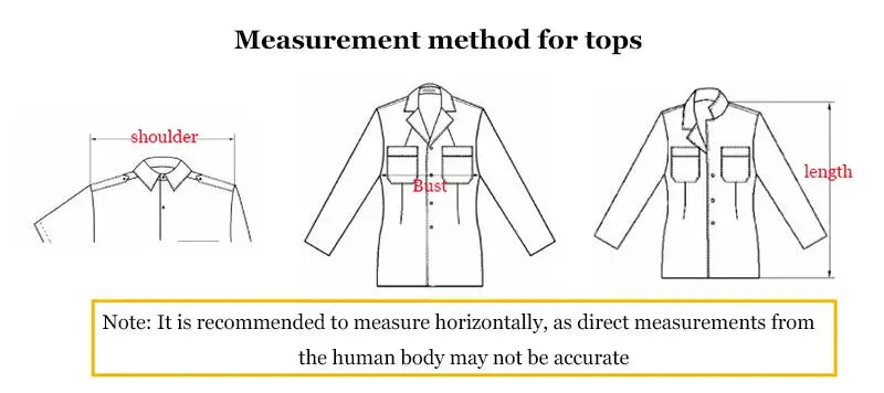 Top measurement guide showing shoulder, bust, and length diagrams for jackets
