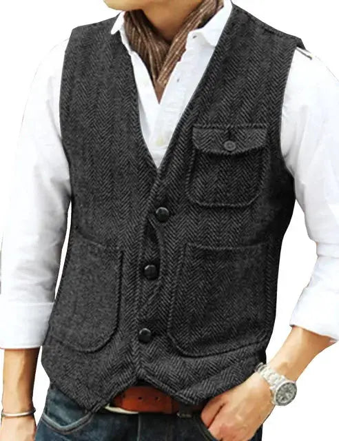 Men's brown herringbone wool tweed vest by Simples Market, V-neck, single-breasted with 3-button front