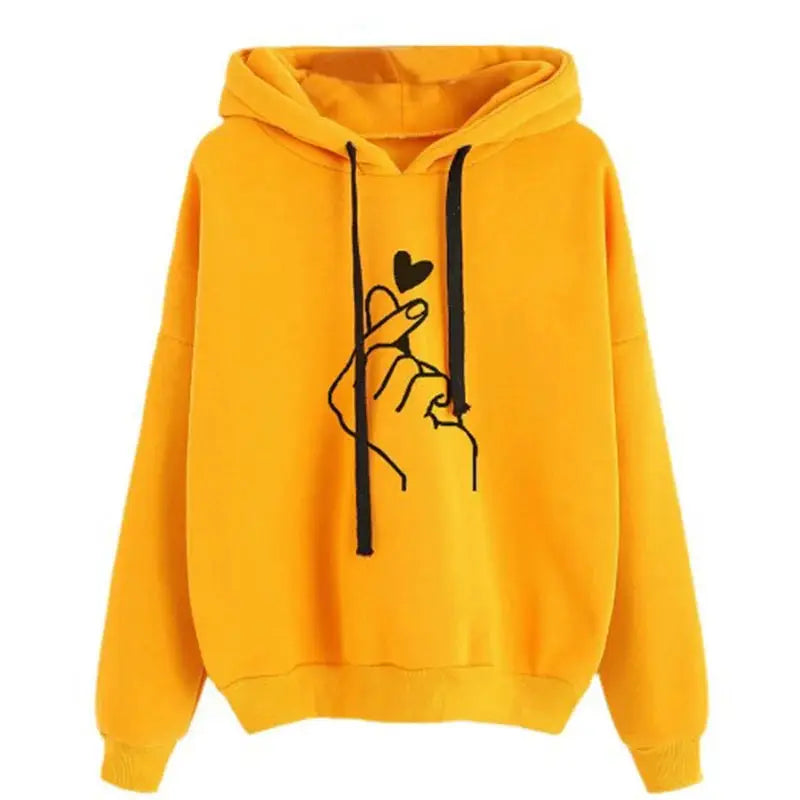 SeoulStyle Autumn Fleece Hoodie Cozy Korean Fashion Sweatshirt For Women With Finger Heart Graphic And Pockets