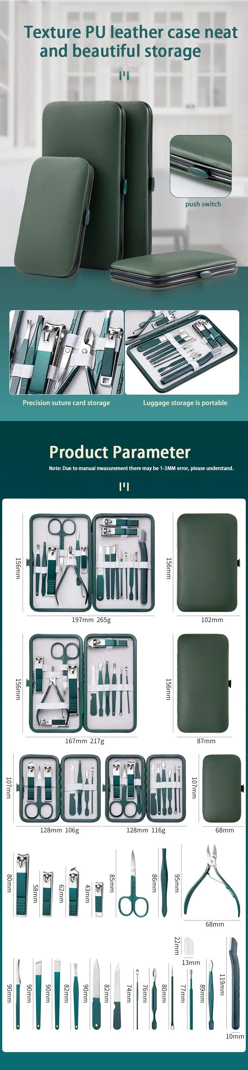 Professional nail care kit in green PU leather travel case; Simples Market set of three with stainless steel tools