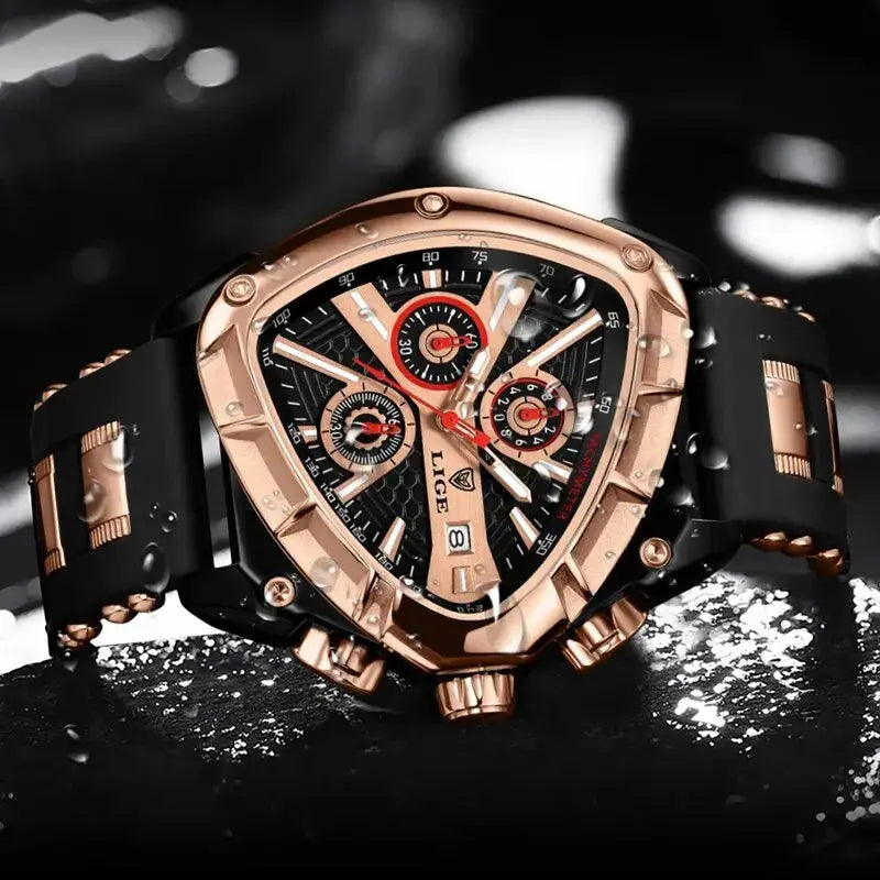 LIGE men's luxury waterproof chronograph watch with rose-gold case and black strap, large dial