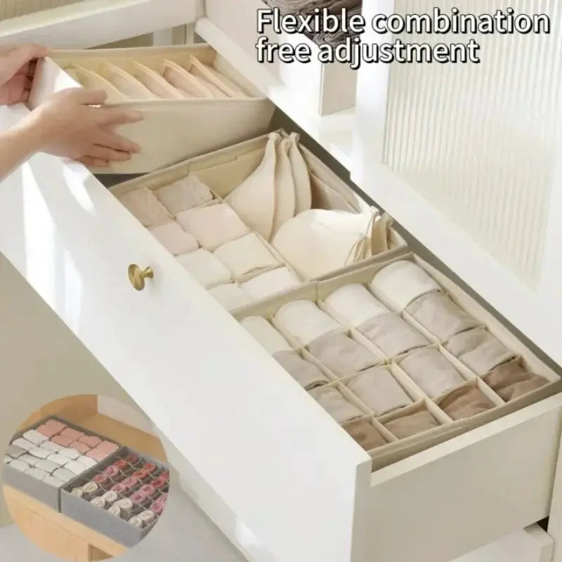 White drawer storage box with adjustable compartments for underwear and socks