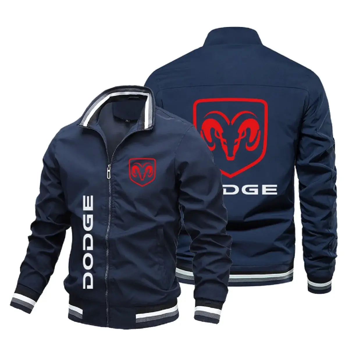 Navy Dodge bomber jacket for men with front zipper and striped cuffs, red RAM logo on chest and back.