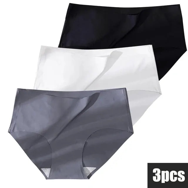 3-pack plus-size women's seamless panties in black, white, and gray ice silk by Simples Market