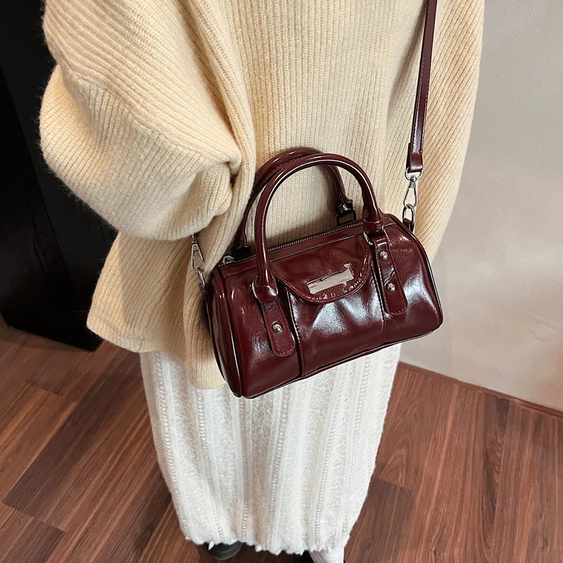 Simples Market burgundy PU leather mini top-handle handbag with detachable crossbody strap
