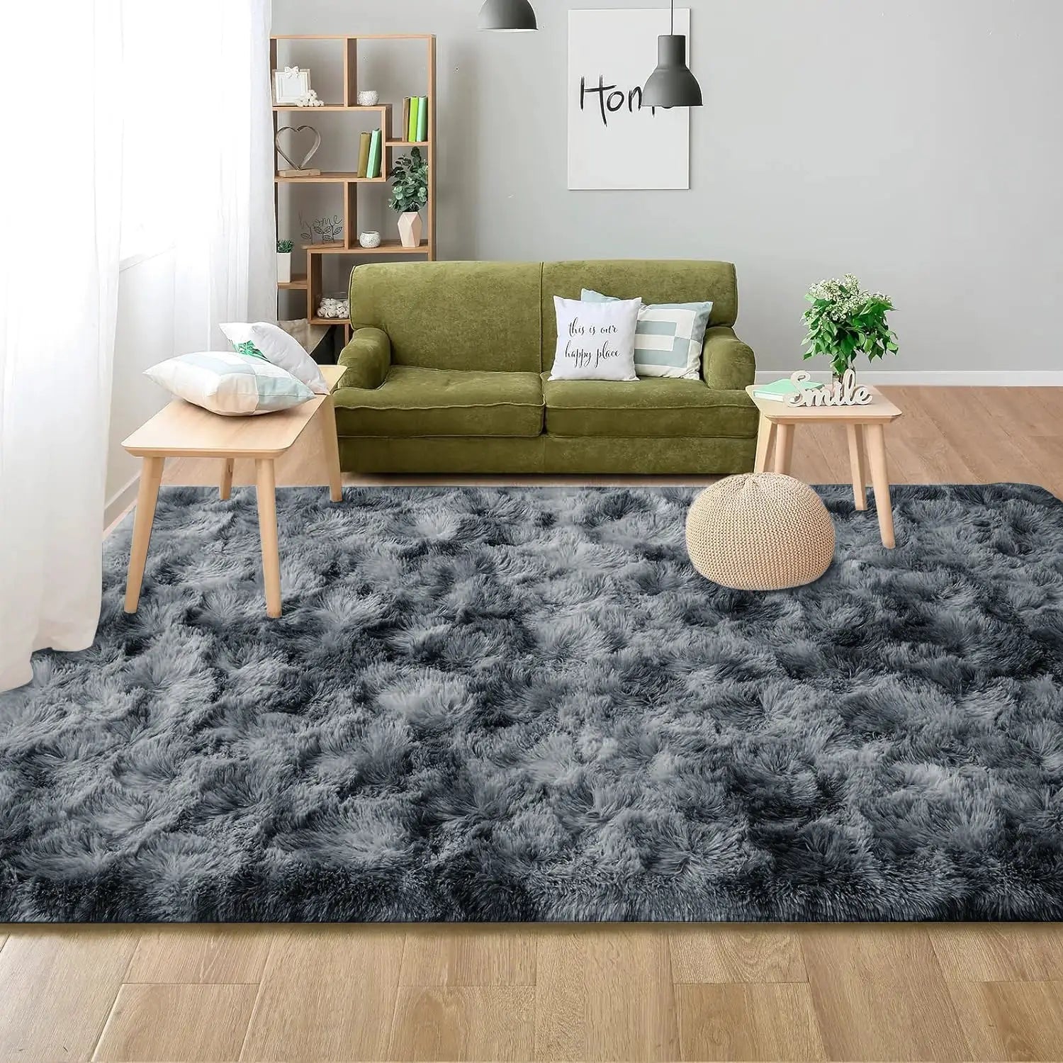 Tie-dyed dark gray shaggy rug; non-slip, washable Simples Market home decor for living room or bedroom.