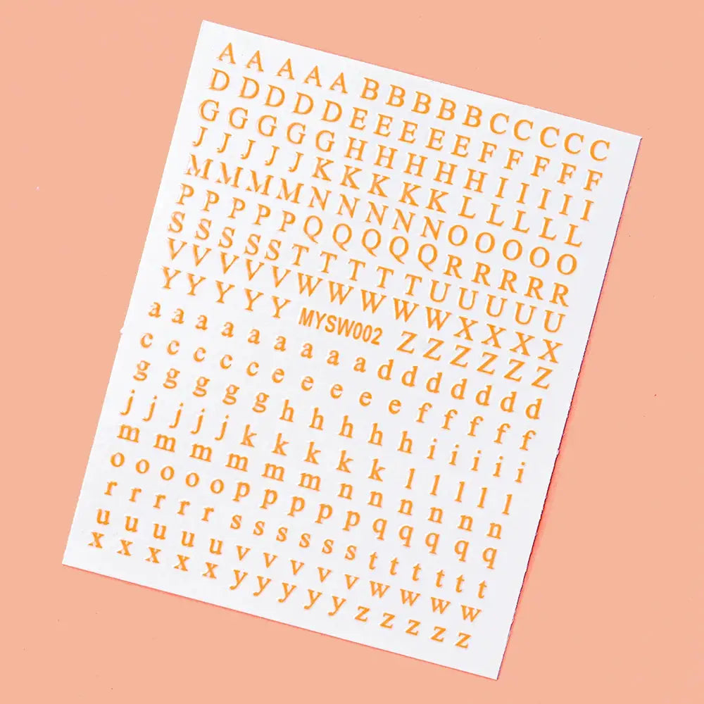 Nail art decal sheet with 26-letter 3D alphabet in orange, self-adhesive manicure decals 8x10cm