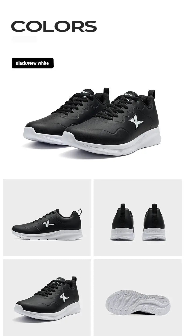 Xtep men's running shoes, black leather waterproof sneakers with white sole, Simples Market