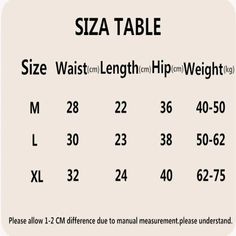 Underwear size chart showing M/L/XL waist, length, hip and weight ranges with a measurement note.