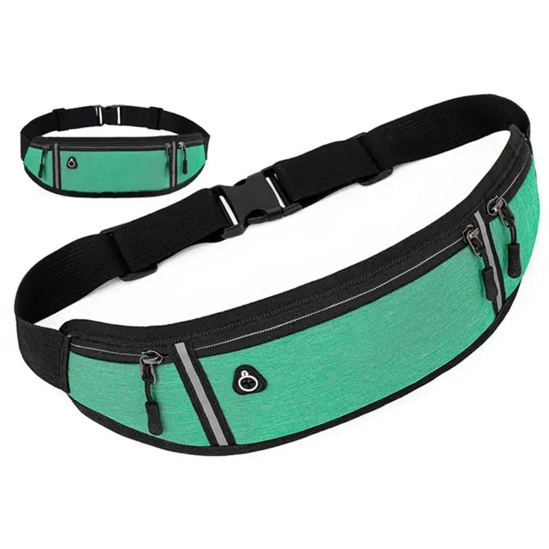 Fanny pack by Simples Market, green with black trim, two zip pockets and adjustable waist strap