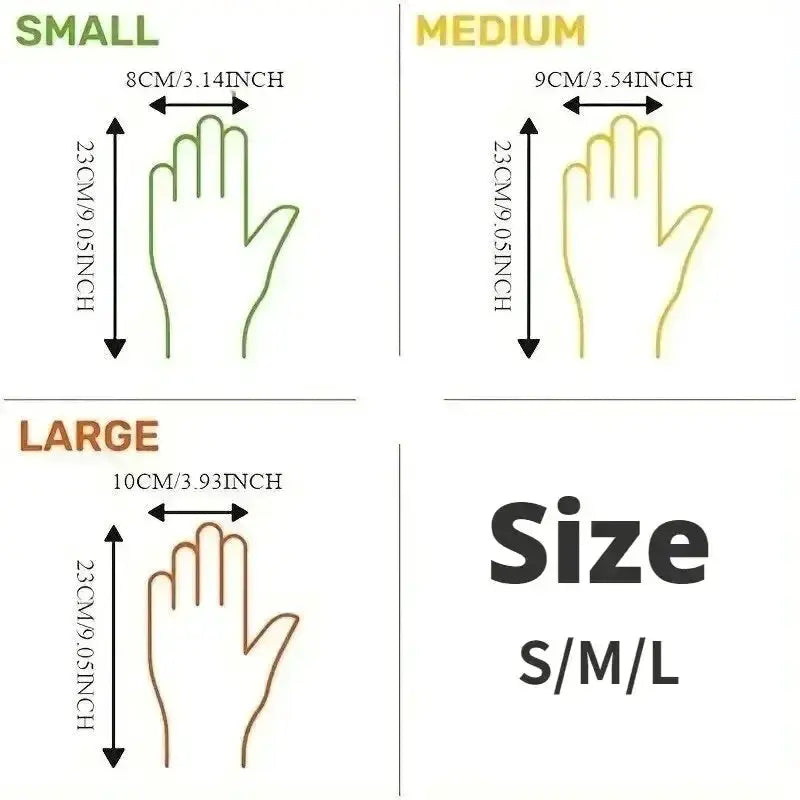 Disposable TPE gloves by Simples Market; clear, latex- and powder-free, food-safe; size chart for S, M, L