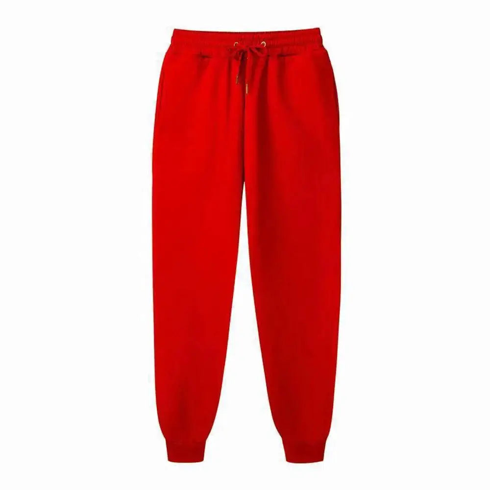 Mens red fleece jogger sweatpants by Simples Market with drawstring waist and cuffed ankles