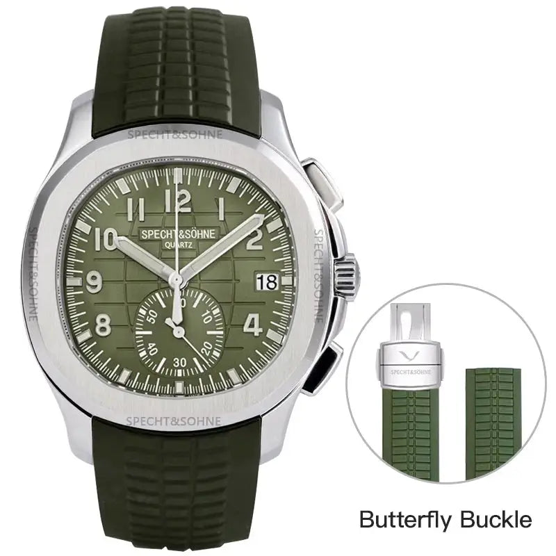 Specht & Söhne watch with green dial, stainless steel case and green rubber strap, butterfly buckle