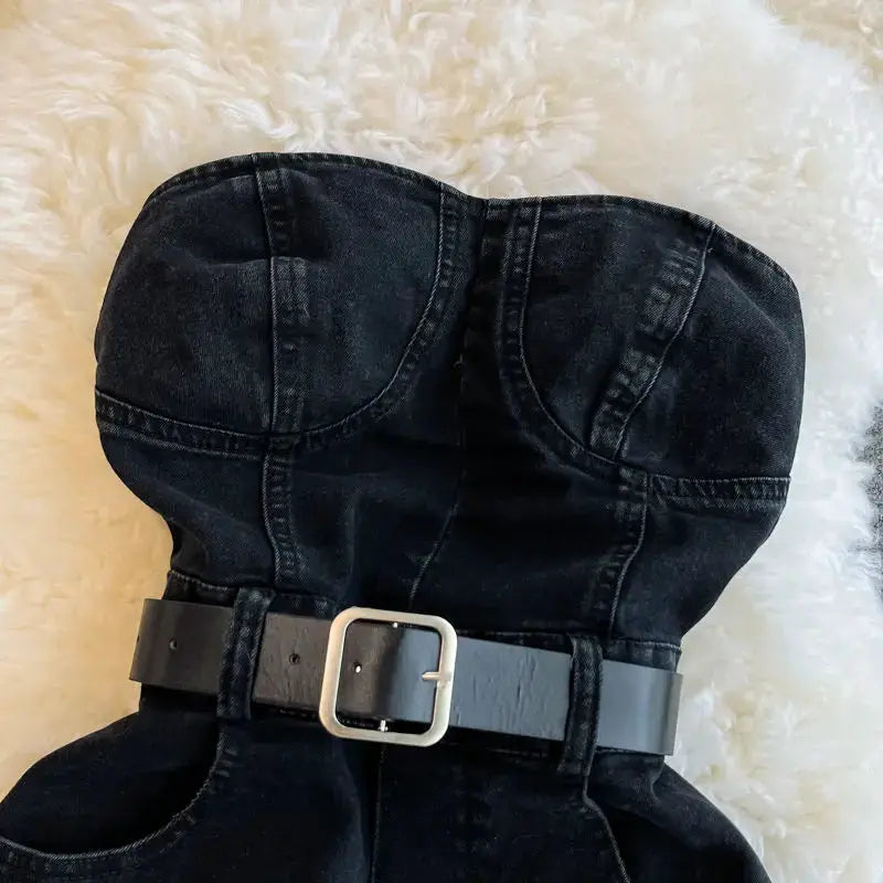 Simples Market strapless black denim romper with belt, wide-leg casual jumpsuit