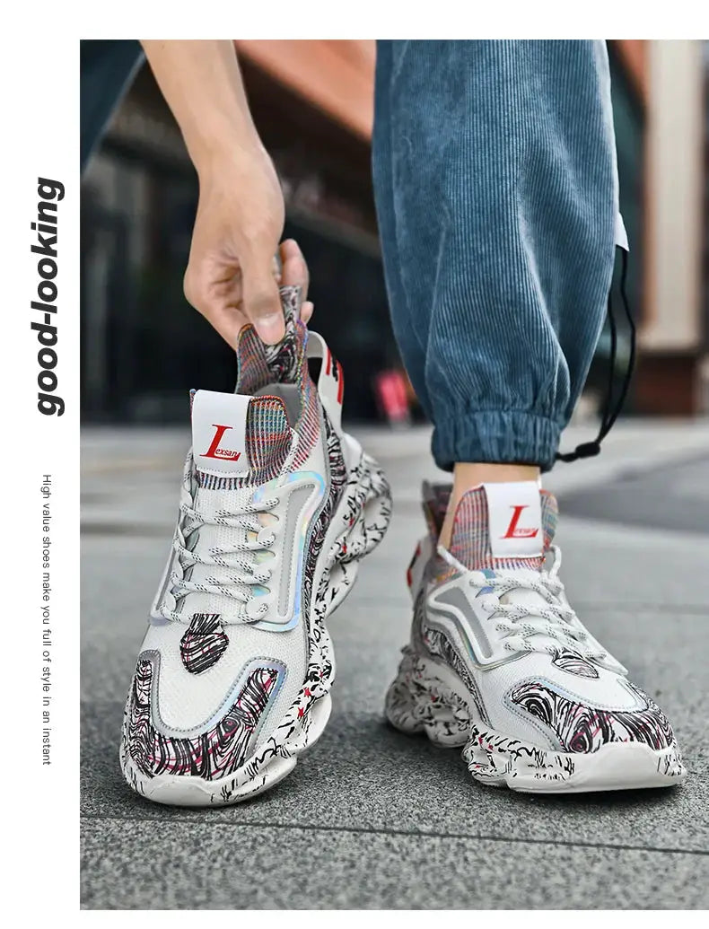 Men's sneakers Simples Market white multicolor pattern, breathable mesh upper, chunky sole