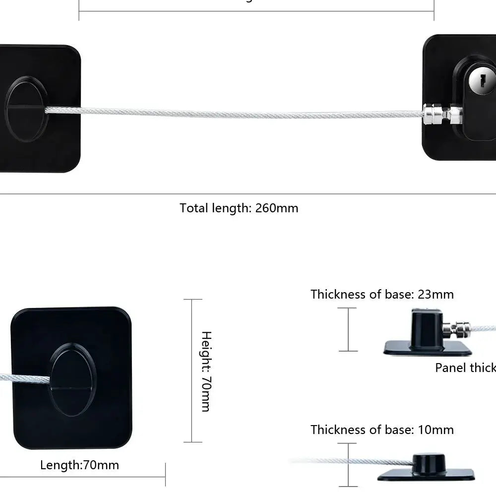 Baby safety lock with steel cable and two black base plates for windows and refrigerators, 260mm total length