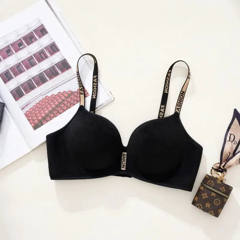 Push-up bra, black wireless with smooth cups and branded straps
