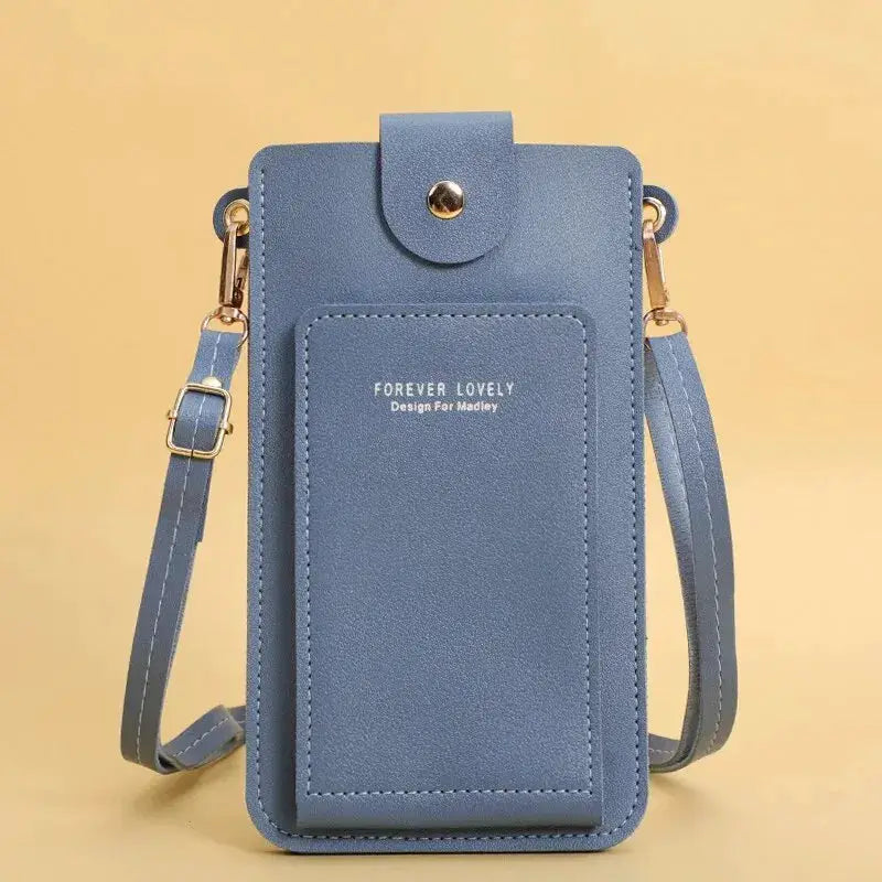 Blue faux leather women's crossbody phone purse with detachable strap, front pocket, gold hardware