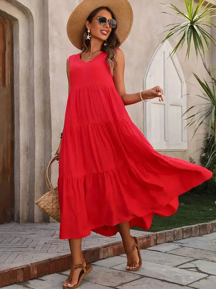 Elegant Summer Dress For Women Loose A Line Midi With V Neck Casual Sophistication In Yellow And Black