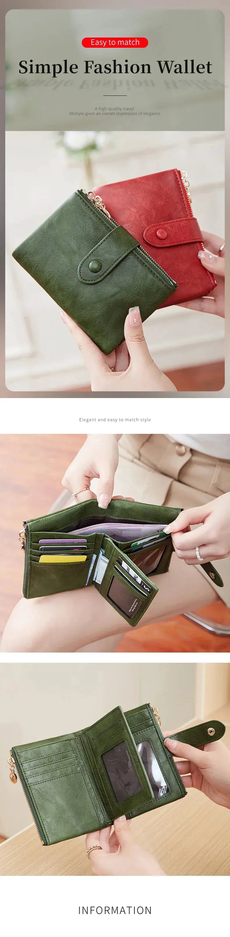 Simples Market minimalist women's wallets, green and red leather, three-layer design with double zipper, 2-pack