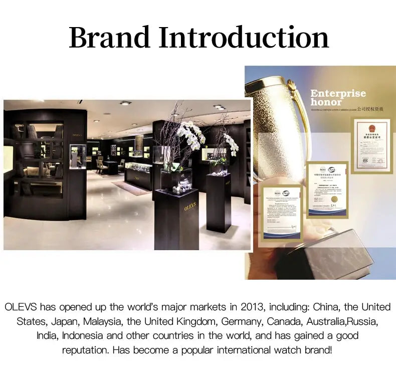 OLEVS watch brand introduction collage showing store interior and enterprise certificates