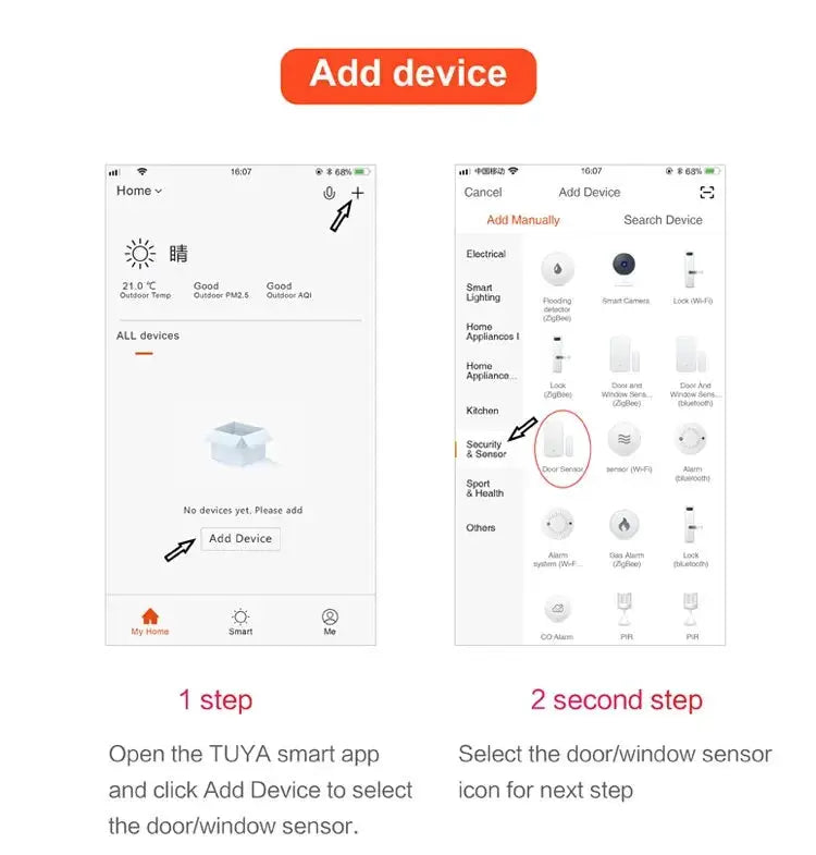 Tuya Smart WiFi Door Sensor by Simples Market; app setup screens show Add Device and Door Sensor options