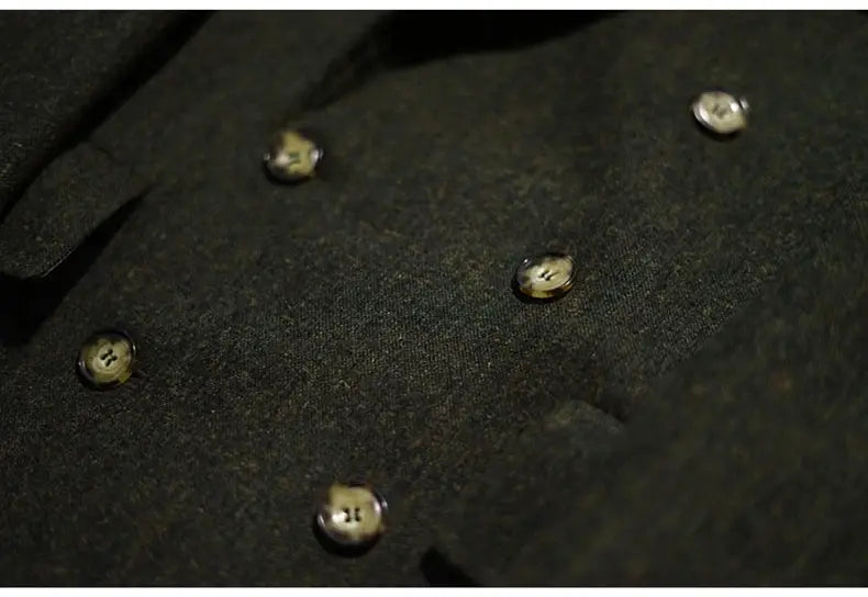 Overcoat for men: green wool-blend, double-breasted, close-up with metal buttons
