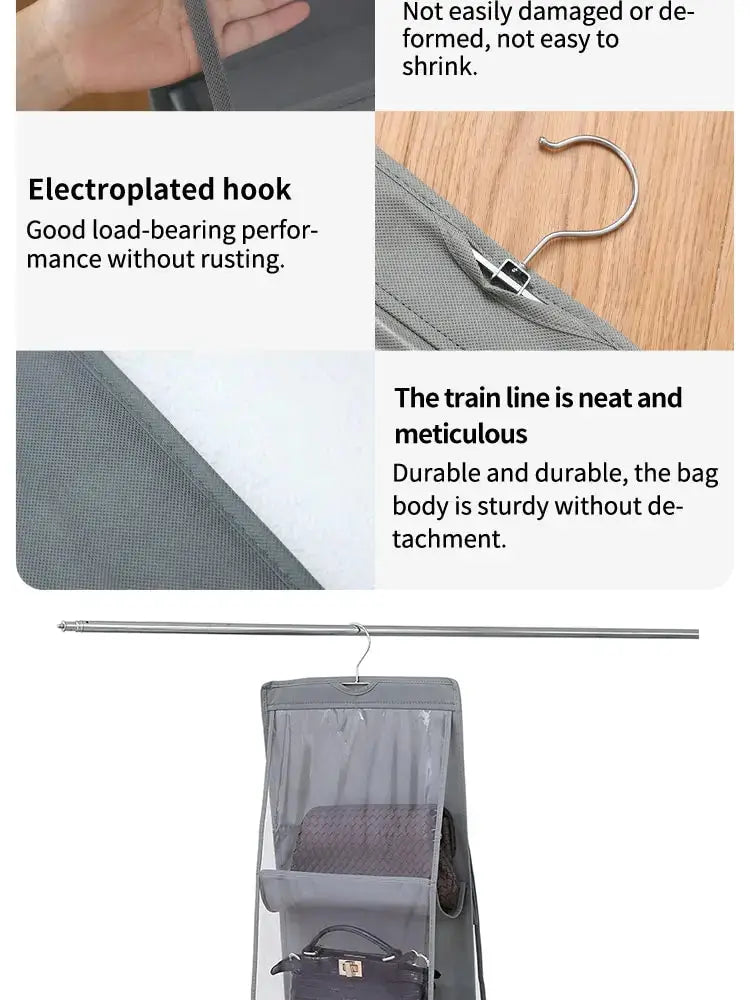 6-pocket gray hanging handbag organizer with clear pockets for wardrobe closet.