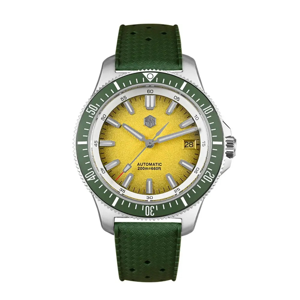 San Martin 40mm dive watch by Simples Market with green bezel, yellow dial, green strap, NH35 automatic, 200m.