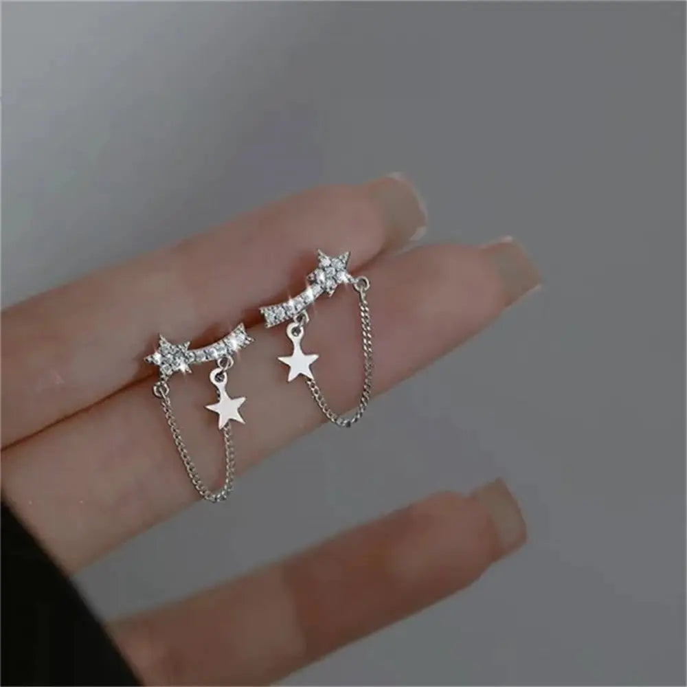 Korean Exquisite Moon Planet Butterfly Tassel Drop Earrings by Simples Market, silver-tone with sparkling crystals