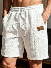 Men's white drawstring quilted knit shorts with cable-knit texture, 5-inch inseam, Simples Market