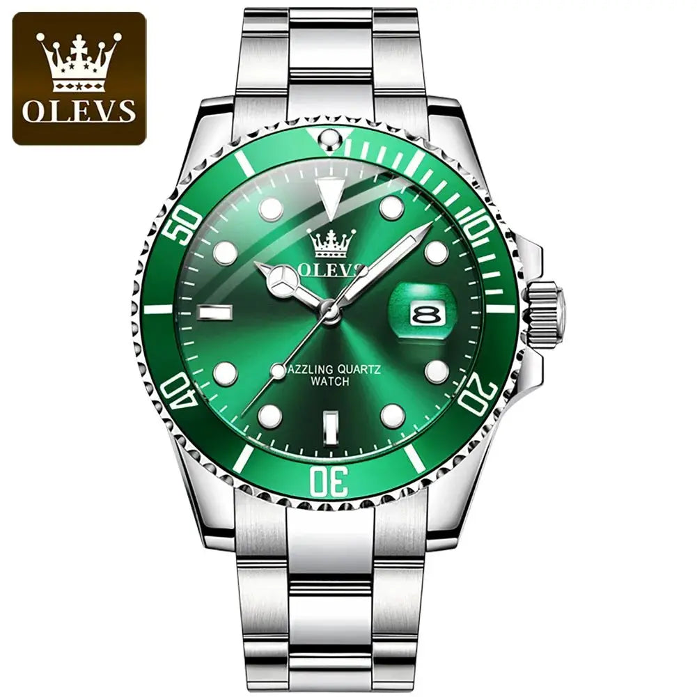 OLEVS Top Original Men Quartz Watch With Stainless Steel Band Green Dial Luminous Hands Water Resistant Luxury Timepiece
