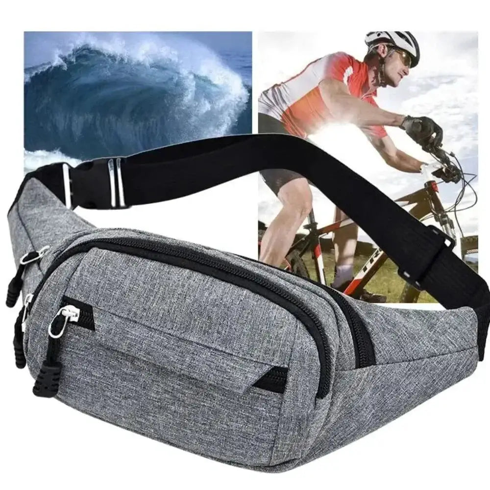 Pochete waist bag for men and women, grey fabric, multiple zip pockets, adjustable strap