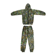 Two-piece camouflage ghillie suit with hooded jacket and pants in woodland leaf pattern